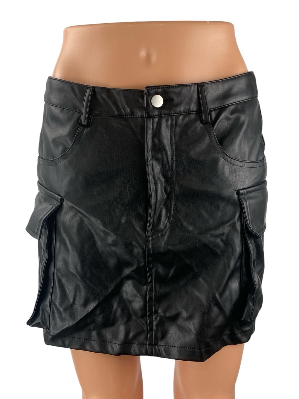 NEW Fashion Nova Black Faux Vegan Leather High Rise Mini A-Line Cargo Skirt Sz M